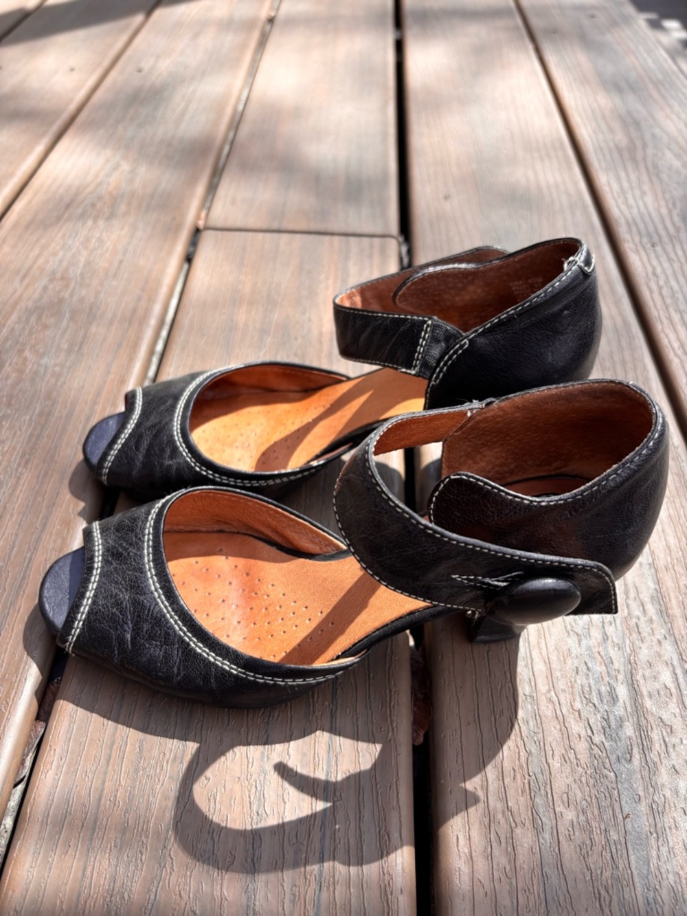 Clarks Black Leather Open-Toe Ankle Strap Heels with Contrast Stitching